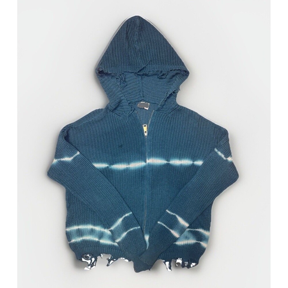 ELAN Teal Tie Dye Distressed Knit  Zip Up Hoodie Sweater M Altard State